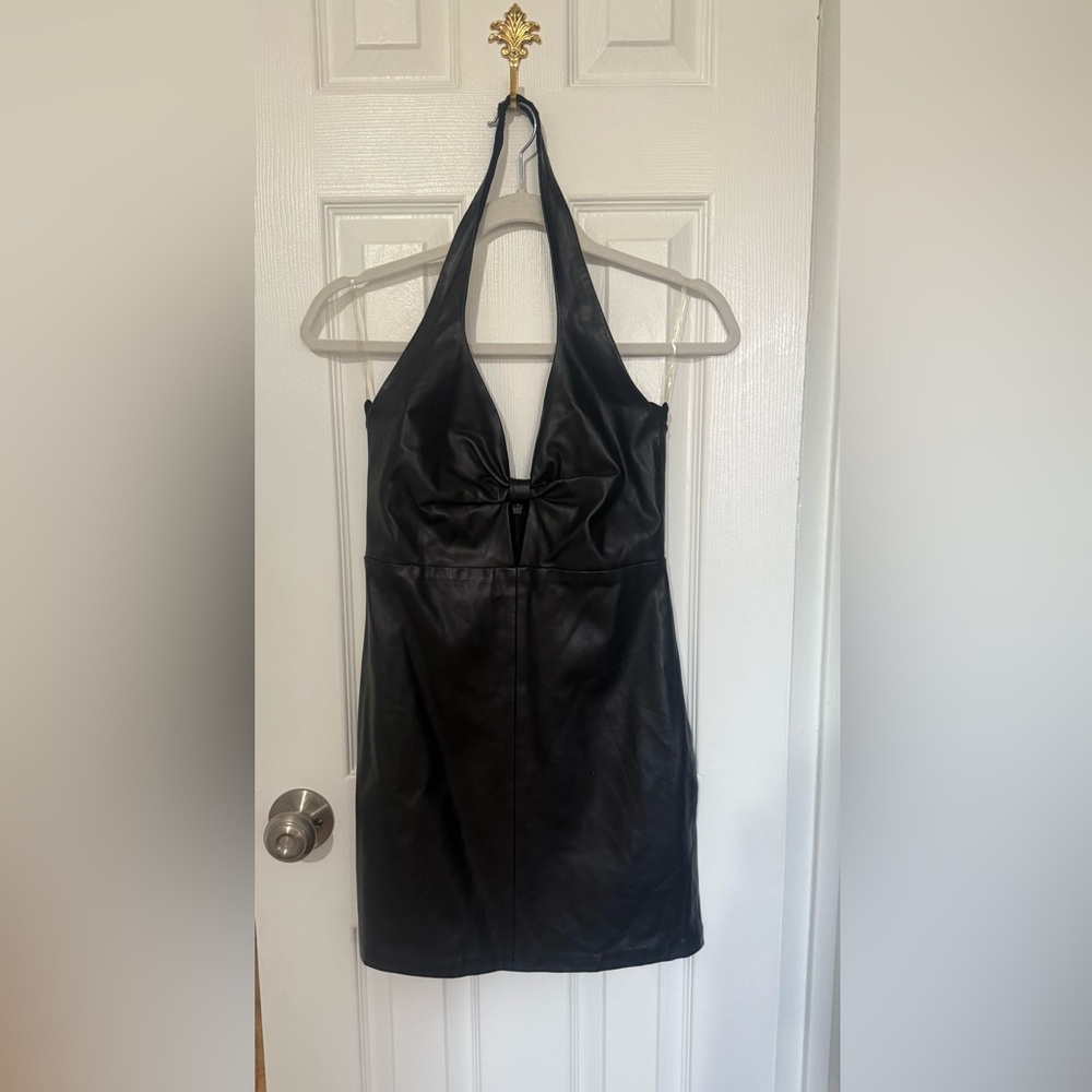 Babyboo Fashion Black Halter Leather Mini Dress